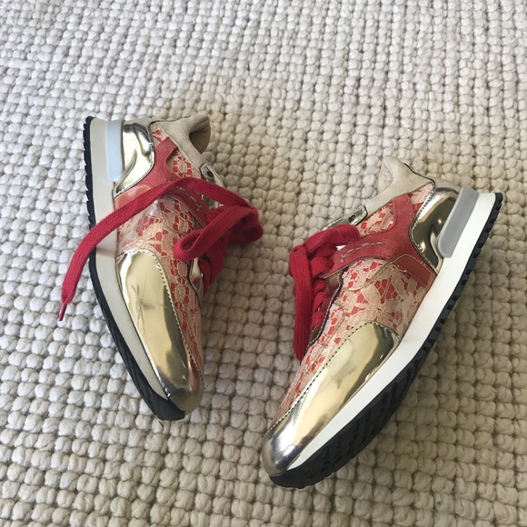 Pinko Pink and gold metallic lace sneakers - Picture 2 of 5